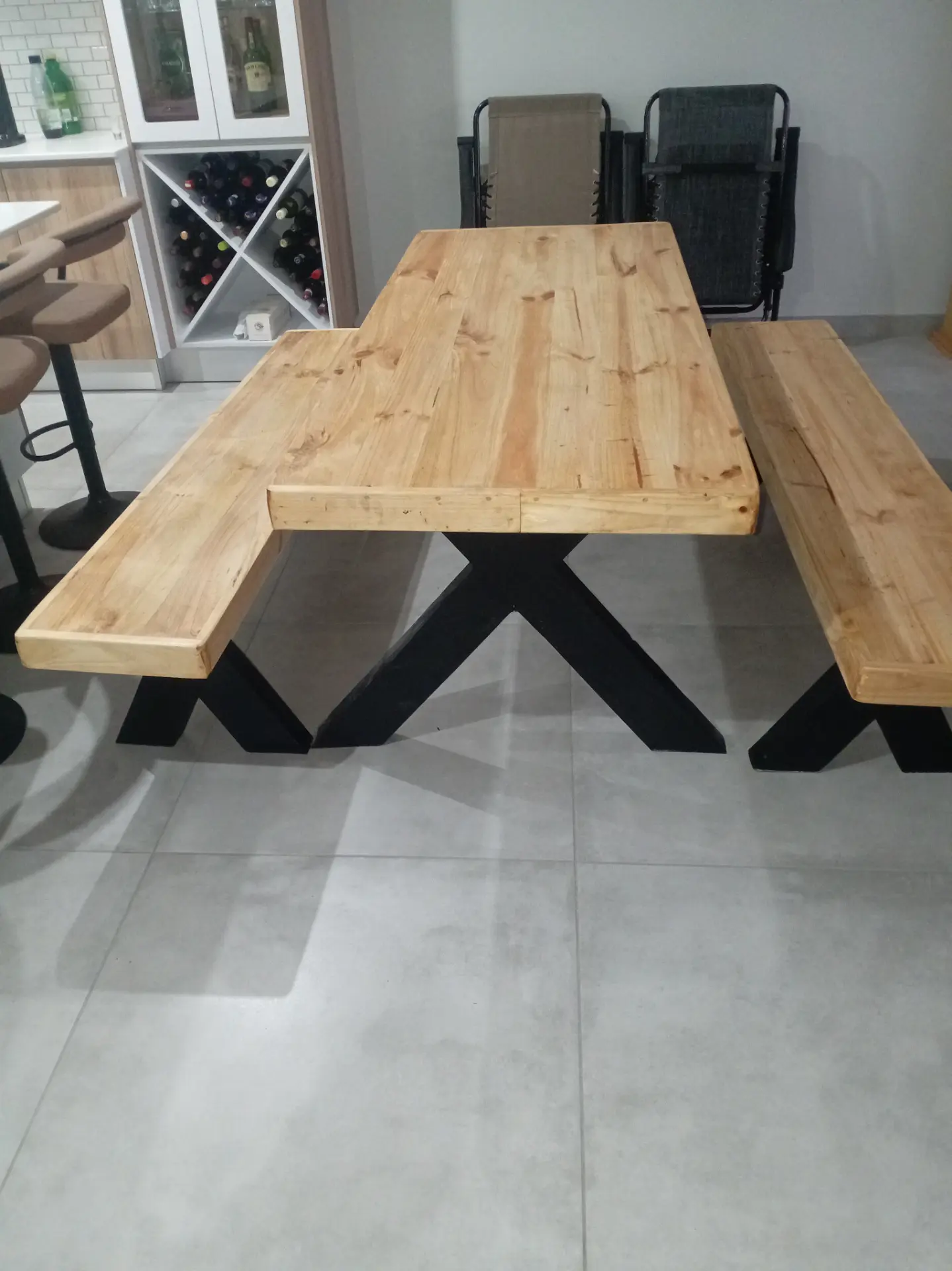 Wooden dining table & benches